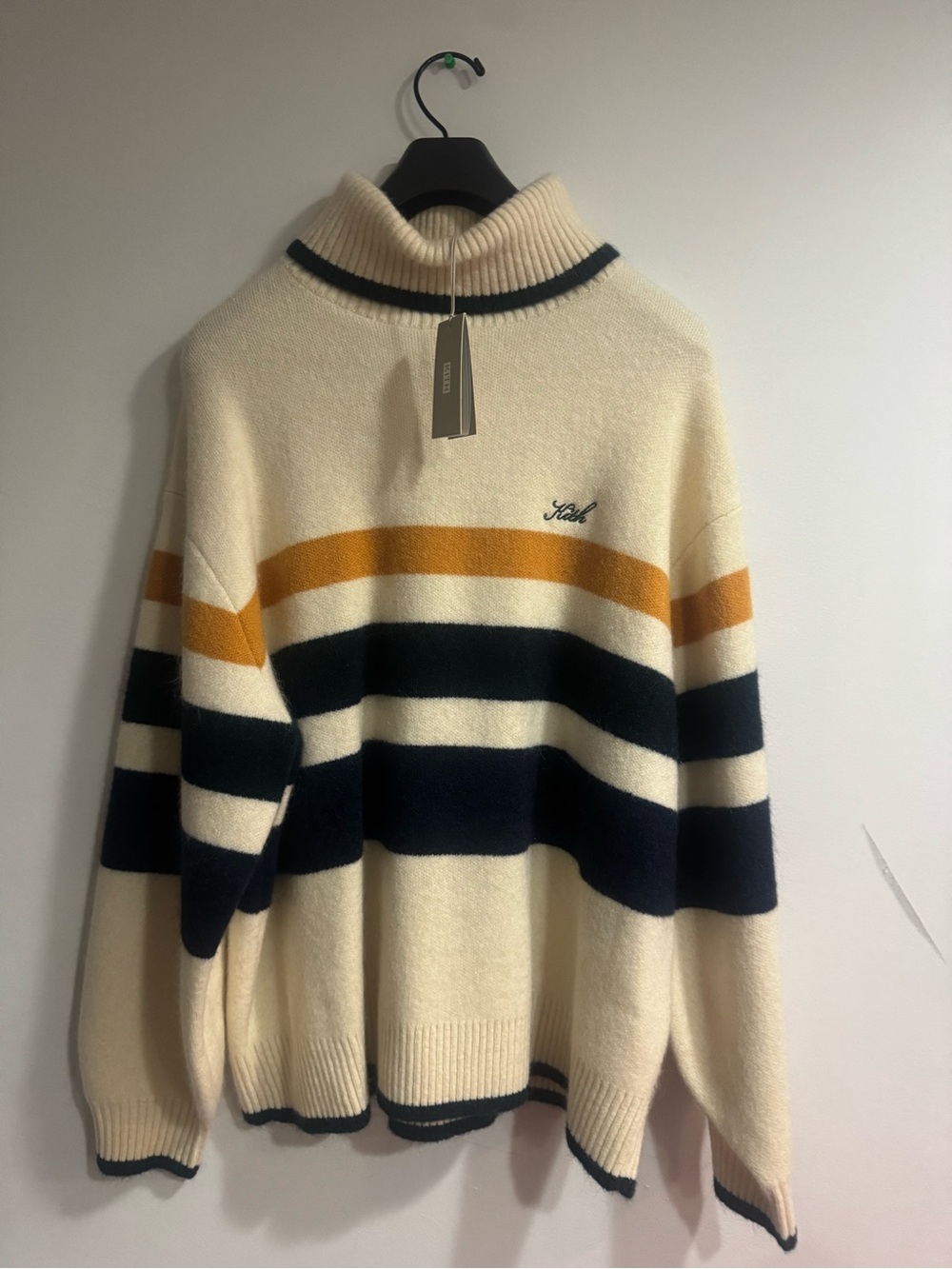 Kith Cream Turtleneck Sweater with Navy & Gold Stripes